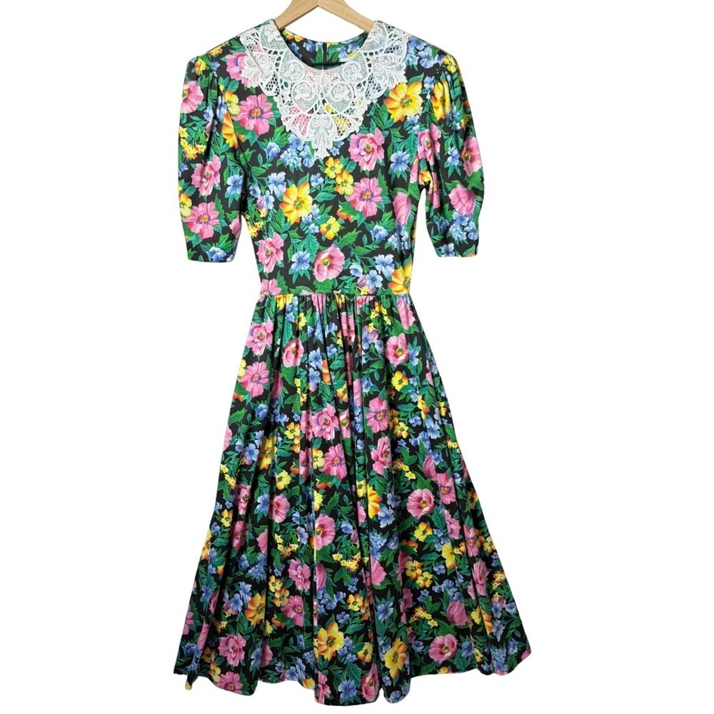 Expo Vintage Women's 80's Puff Sleeve Floral Cotton Blend Lace Collar Dress 10